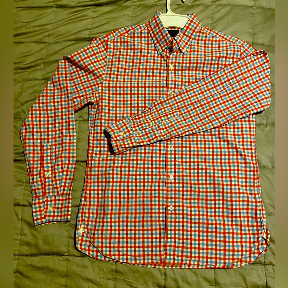 J. Crew Men’s Slim Fit Cotton Poplin Shirt Light Blue, Light Red, White Check